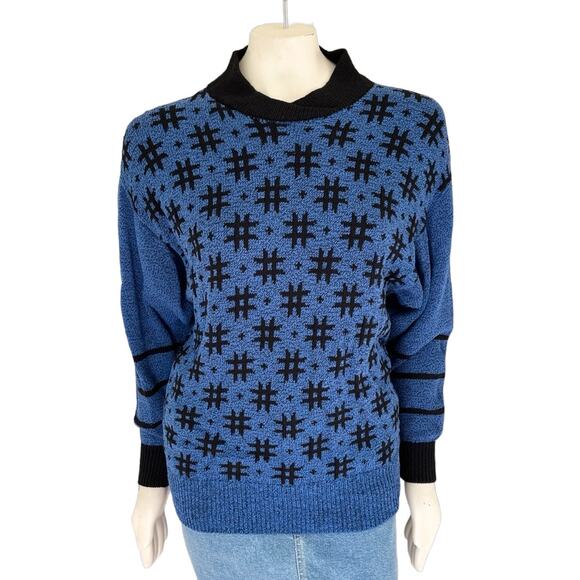 VTG 80s High Neck Drop Sleeve Hashtag Plus Sign Knit Sweater Blue Black SZ 6 - Picture 9 of 9